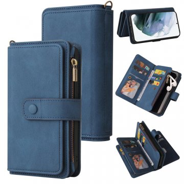 For Samsung Galaxy S21 Plus Wallet 15 Card Slots Case with Wrist Strap Blue