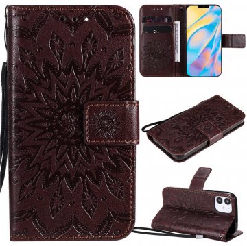 iPhone 12 Embossed Sunflower Wallet Magnetic Stand Case Brown