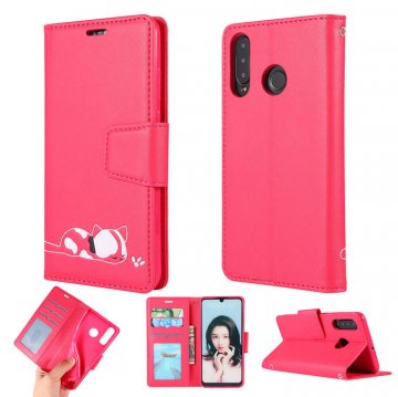 Huawei P30 Lite Cat Pattern Wallet Magnetic Stand Case Red