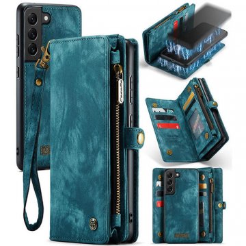 CaseMe Samsung Galaxy S21 FE Zipper Wallet Case with Wrist Strap Blue