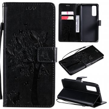 Huawei P Smart 2021 Embossed Tree Cat Butterfly Wallet Stand Case Black