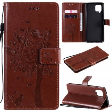 Samsung Galaxy A42 5G Embossed Tree Cat Butterfly Wallet Stand Case Brown