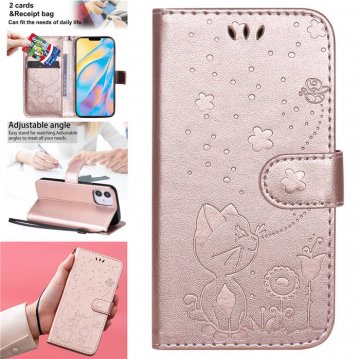 iPhone 12 Mini Embossed Cat Bee Wallet Magnetic Stand Case Rose Gold