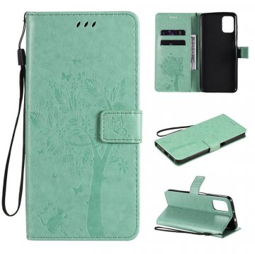 Motorola Moto G9 Plus Embossed Tree Cat Butterfly Wallet Stand Case Green