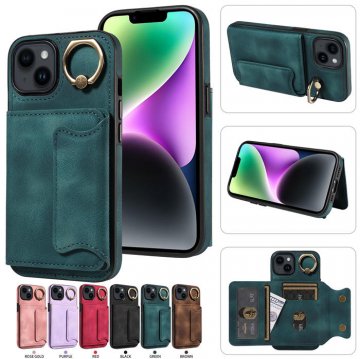 For iPhone 14 Card Holder Ring Kickstand PU Leather Case Green