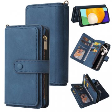 For Samsung Galaxy A72 Wallet 15 Card Slots Case with Wrist Strap Blue