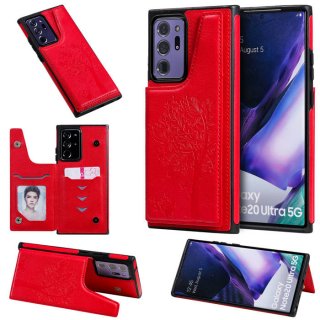 Samsung Galaxy Note 20 Ultra Luxury Tree and Cat Magnetic Card Slots Stand Cover Red