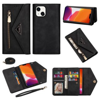 iPhone 13 Crossbody Lanyard Zipper Pocket Wallet Case Black