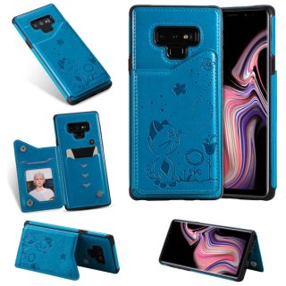 Samsung Galaxy Note 9 Bee and Cat Card Slots Stand Cover Blue