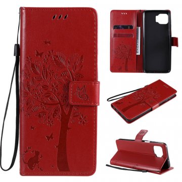 Motorola Moto G 5G Plus Embossed Tree Cat Butterfly Wallet Stand Case Red