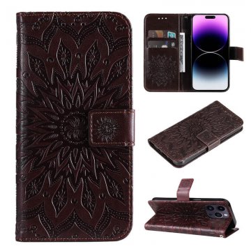 Embossed Sunflower Leather Wallet Kickstand Phone Case Brown