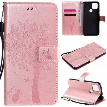 Google Pixel 4A 5G Embossed Tree Cat Butterfly Wallet Stand Case Rose Gold
