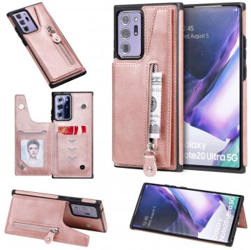 Samsung Galaxy Note 20 Zipper Pocket Card Slots Magnetic Clasp Stand Case Rose Gold