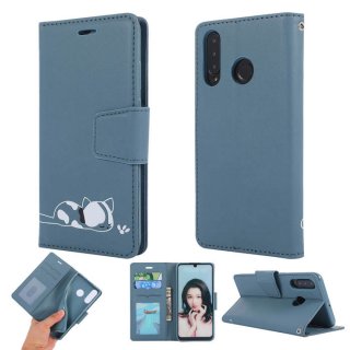 Huawei P30 Lite Cat Pattern Wallet Magnetic Stand Case Blue