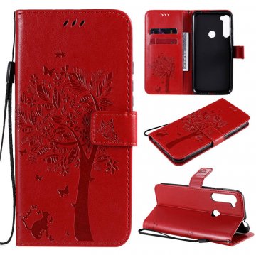 Motorola One Fusion Plus Embossed Tree Cat Butterfly Wallet Stand Case Red