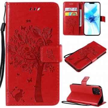 iPhone 12 Pro Embossed Tree Cat Butterfly Wallet Stand Case Red