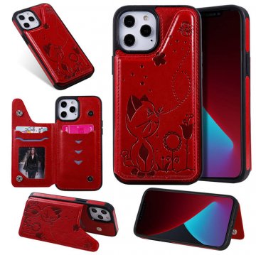 iPhone 12 Pro Max Luxury Bee and Cat Magnetic Card Slots Stand Cover Red