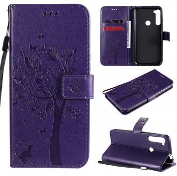 Motorola One Fusion Plus Embossed Tree Cat Butterfly Wallet Stand Case Purple