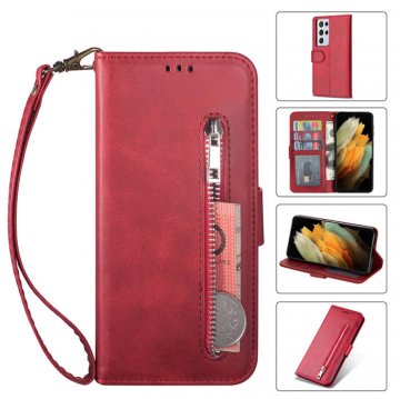 Samsung Galaxy S21/S21 Plus/S21 Ultra Zipper Pocket Wallet Magnetic Case Red