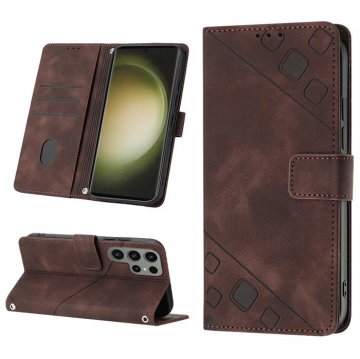 Skin-friendly Samsung Galaxy S23 Ultra Wallet Stand Case with Wrist Strap Coffee