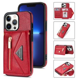 Crossbody Zipper Wallet iPhone 13 Pro Case With Strap Red