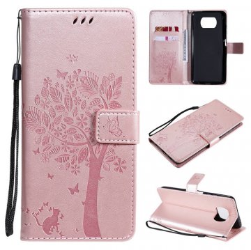 Xiaomi Poco X3 NFC Embossed Tree Cat Butterfly Wallet Stand Case Rose Gold