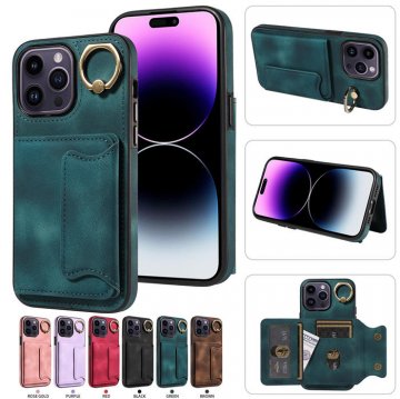 For iPhone 14 Pro Card Holder Ring Kickstand PU Leather Case Green