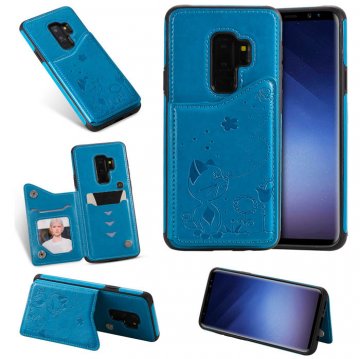 Samsung Galaxy S9 Plus Bee and Cat Card Slots Stand Cover Blue