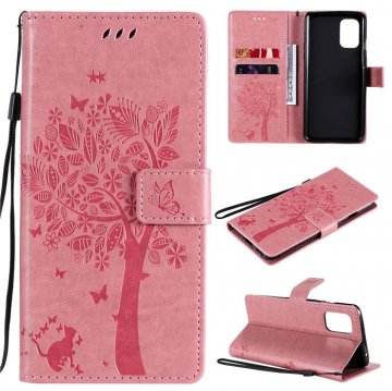OnePlus 8T Embossed Tree Cat Butterfly Wallet Stand Case Pink