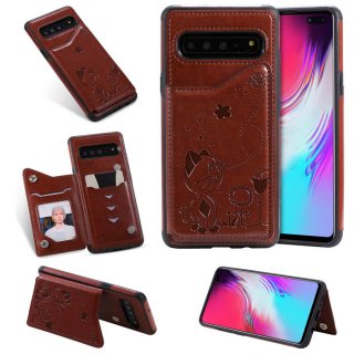 Samsung Galaxy S10 5G Bee and Cat Card Slots Stand Cover Brown