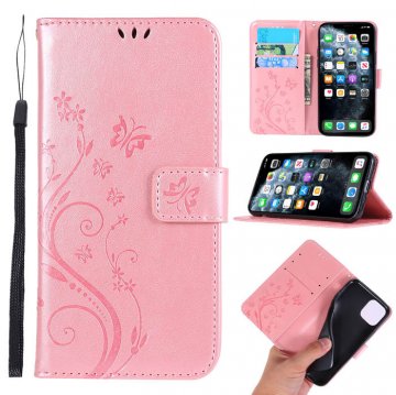 iPhone 11 Pro Butterfly Pattern Wallet Magnetic Stand PU Leather Case Rose Gold