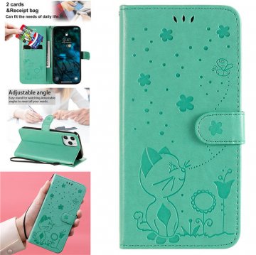 iPhone 12 Pro Max Embossed Cat Bee Wallet Magnetic Stand Case Green