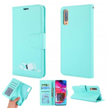 Samsung Galaxy A70 Cat Pattern Wallet Magnetic Stand Case Mint