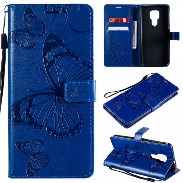 Motorola Moto G9 Play Embossed Butterfly Wallet Magnetic Stand Case Blue