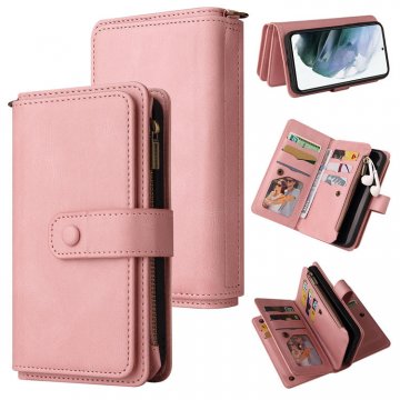 For Samsung Galaxy S21 Wallet 15 Card Slots Case with Wrist Strap Pink