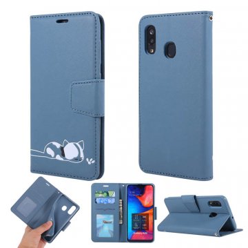 Samsung Galaxy A20 Cat Pattern Wallet Magnetic Stand Case Blue