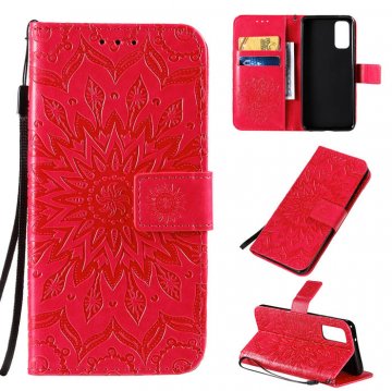 Samsung Galaxy S20 Embossed Sunflower Wallet Stand Case Red