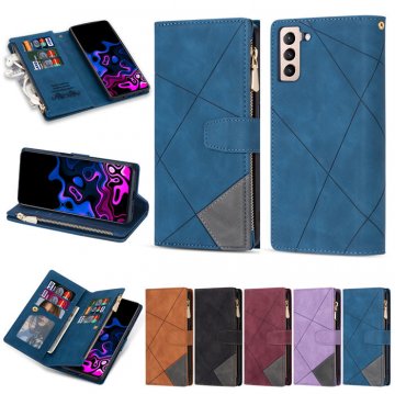 Samsung Galaxy S22 Color Splicing Lines Wallet Case Blue