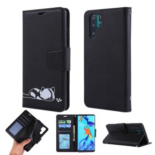 Huawei P30 Pro Cat Pattern Wallet Magnetic Stand Case Black