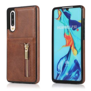 Huawei P30 Zipper Wallet PU Leather Case Cover Coffee