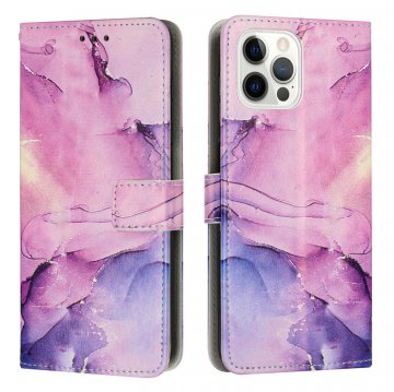 Marble Pattern iPhone 14 Pro Max Wallet Stand Case Purple