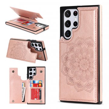 Mandala Embossed Samsung Galaxy S23 Ultra Case with Card Holder Rose Gold