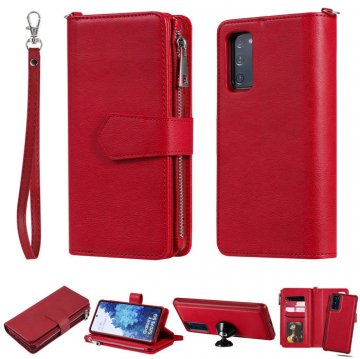 Samsung Galaxy S20 FE Zipper Wallet Magnetic Detachable 2 in 1 Case Red