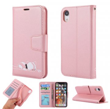 iPhone XR Cat Pattern Wallet Magnetic Stand PU Leather Case Pink