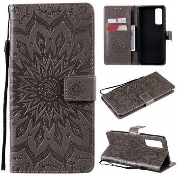 Huawei P Smart 2021 Embossed Sunflower Wallet Magnetic Stand Case Gray