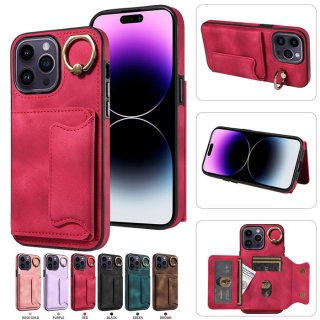 For iPhone 14 Pro Card Holder Ring Kickstand PU Leather Case Red