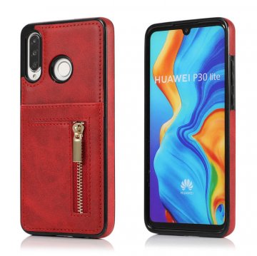 Huawei P30 Lite Zipper Wallet PU Leather Case Cover Red
