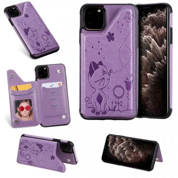 iPhone 11 Pro Bee and Cat Embossing Card Slots Stand Cover Purple