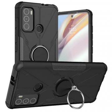 Moto G60 Hybrid Rugged PC + TPU Ring Kickstand Case Black