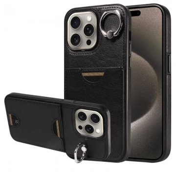 Card Slot Calf Texture Kickstand Case PU TPU Back Cover Black